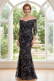 Abito della madre della sposa con tulle nero alla sirena sulle spalle e perline