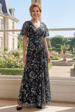 Abito lungo nero Mother Of the Bride in tulle a linea A stampato