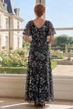 Abito lungo nero Mother Of the Bride in tulle a linea A stampato
