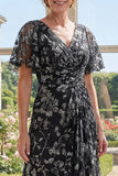 Abito lungo nero Mother Of the Bride in tulle a linea A stampato