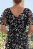 Abito lungo nero Mother Of the Bride in tulle a linea A stampato