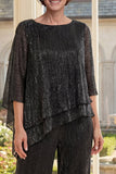 Abito nero asimmetrico a 2 pezzi Mother Of the Bride con maniche mezze