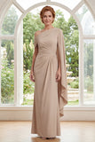 Champagne Abito Madre della Sposa Lungo Chiffon A Spalla Arrugato Lungo con mantello laterale