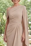Champagne Abito Madre della Sposa Lungo Chiffon A Spalla Arrugato Lungo con mantello laterale