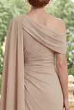Champagne Abito Madre della Sposa Lungo Chiffon A Spalla Arrugato Lungo con mantello laterale