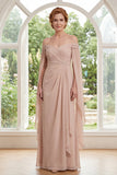Abito della madre della sposa con champagne in chiffon sulle spalle e maniche a mantello