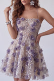 Abito corto da cocktail corto floreale viola con paillettes viola