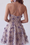 Abito corto da cocktail corto floreale viola con paillettes viola
