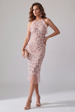 Bodycon Blush Scintillante Abito da cocktail Midi Halter con perline e fringhe