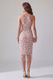 Bodycon Blush Scintillante Abito da cocktail Midi Halter con perline e fringhe