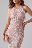 Bodycon Blush Scintillante Abito da cocktail Midi Halter con perline e fringhe