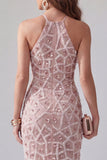Bodycon Blush Scintillante Abito da cocktail Midi Halter con perline e fringhe