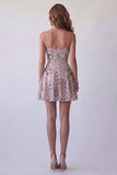 Vestito corto da cocktail corto floreale con paillettes con perline e blush scintillante