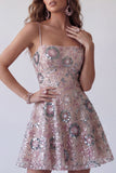 Vestito corto da cocktail corto floreale con paillettes con perline e blush scintillante
