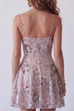 Vestito corto da cocktail corto floreale con paillettes con perline e blush scintillante