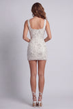 Bianco scintillante con spalline spesse con perline vestito da cocktail corto e aderente