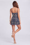 Abito da cocktail corto blu navy con spillature spesse e perline