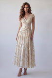 Abito cerimonia Champagne A-Line arricciato con scollo a V e perline stampate con maniche a cappuccio