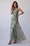 Abito cerimonia lungo elegante in chiffon salvia a tramonto floreale a scollo a nentre