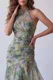 Abito cerimonia lungo elegante in chiffon salvia a tramonto floreale a scollo a nentre