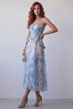 Abito cerimoni midi senza spalline in chiffon blu polveroso A-Line