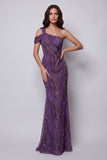 Abito lungo da cerimonia in chiffon viola a una spalla