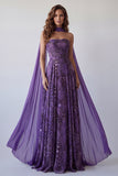 Abito elegante lungo in chiffon viola senza spalline con sciarpa al collo
