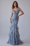 Abito elegante lungo a fiori con e arrugate in chiffon blu sirena