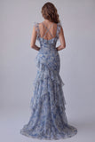 Abito elegante lungo a fiori con e arrugate in chiffon blu sirena