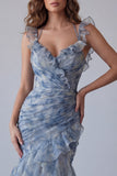 Abito elegante lungo a fiori con e arrugate in chiffon blu sirena