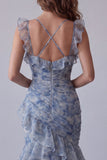 Abito elegante lungo a fiori con e arrugate in chiffon blu sirena