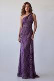 Abito elegante lungo in chiffon viola con una spalla e fascia