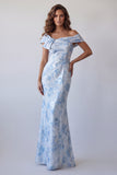 Abito cerimonia lungo da sirena blu cielo con spalle scoperte