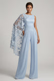 Tute lunghe Mother of the Bride con scollo a fiori azzurro cielo e mantello laterale