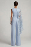 Tute lunghe Mother of the Bride con scollo a fiori azzurro cielo e mantello laterale