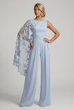 Tute lunghe Mother of the Bride con scollo a fiori azzurro cielo e mantello laterale