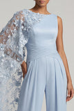 Tute lunghe Mother of the Bride con scollo a fiori azzurro cielo e mantello laterale