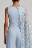 Tute lunghe Mother of the Bride con scollo a fiori azzurro cielo e mantello laterale