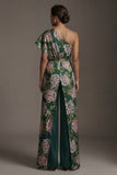 Tute floreali verde scuro lunghe con una spalla e tasche