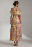 Giallo scintillante lungo spalla scoperta Abito A Mother of the Bride con fiore 3D