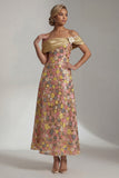 Giallo scintillante lungo spalla scoperta Abito A Mother of the Bride con fiore 3D