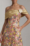 Giallo scintillante lungo spalla scoperta Abito A Mother of the Bride con fiore 3D