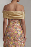 Giallo scintillante lungo spalla scoperta Abito A Mother of the Bride con fiore 3D