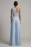 Pantaloni della madre della sposa a fiori floreali azzurro cielo con una spalla e fiocco