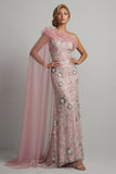 Abito lungo di madre della sposa con perline rosa scintillante