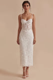 Abito da laurea Corsetto Midi Sheath con pizzo bianco con spalline spaghetti