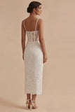 Abito da laurea Corsetto Midi Sheath con pizzo bianco con spalline spaghetti