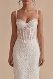 Abito da laurea Corsetto Midi Sheath con pizzo bianco con spalline spaghetti