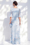 Abito Madre della Sposa Lungo Fodero Floreale Bateau Neck Scollo Bateau Blu con Maniche Scorte