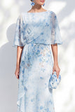 Abito Madre della Sposa Lungo Fodero Floreale Bateau Neck Scollo Bateau Blu con Maniche Scorte
